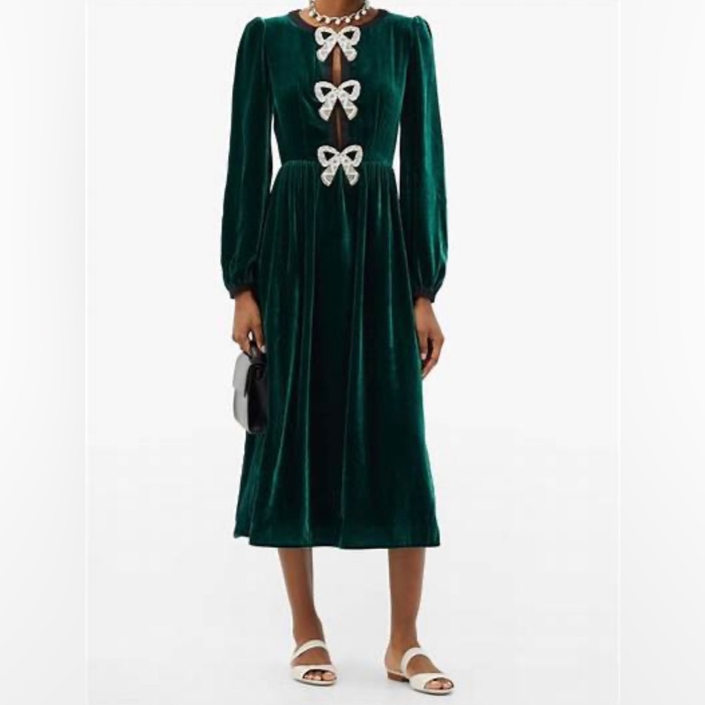 Saloni Camille Velvet Embellished Bows Dress In Green, NWT
